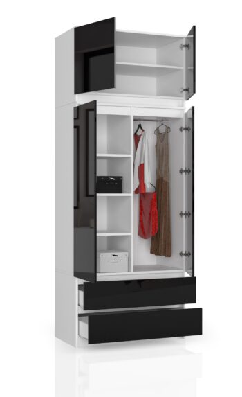 Šatníková skriňa POKI90 Uvádzame na trh elegantnú šatníková skriňa POKI90, ideálnu voľbu pre každú modernú spálňu. S jej minimalistickým a sofistikovaným dizajnom bude táto skriňa skvele ladiť s vašim interiérom. Táto skriňa je vyrobená z kvalitného materiálu LTD, ktorý je odolný a dlho vydrží. Kombinácia bielej farby s čiernym lesom dodáva tomuto nábytku luxusný vzhľad.  Rozmer: 234 x 90 x 35 cm Vybavenie: 2 zásuvky, 6 políc a oveľa viac Dekor: Lesk < strong>Počet dverí: 2 dverové Počet políc: 6  Nechajte sa inšpirovať kvalitou a dizajnom skrine POKI90 a obohaťte svoju spálňu o tento výnimočný kúsok nábytku.