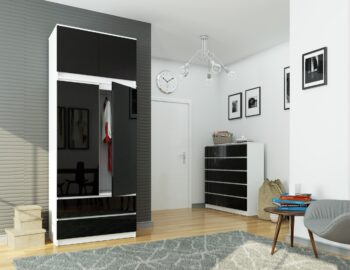 Šatníková skriňa POKI90 Uvádzame na trh elegantnú šatníková skriňa POKI90, ideálnu voľbu pre každú modernú spálňu. S jej minimalistickým a sofistikovaným dizajnom bude táto skriňa skvele ladiť s vašim interiérom. Táto skriňa je vyrobená z kvalitného materiálu LTD, ktorý je odolný a dlho vydrží. Kombinácia bielej farby s čiernym lesom dodáva tomuto nábytku luxusný vzhľad.  Rozmer: 234 x 90 x 35 cm Vybavenie: 2 zásuvky, 6 políc a oveľa viac Dekor: Lesk < strong>Počet dverí: 2 dverové Počet políc: 6  Nechajte sa inšpirovať kvalitou a dizajnom skrine POKI90 a obohaťte svoju spálňu o tento výnimočný kúsok nábytku.