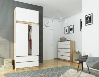 Šatníková skriňa POKI90: Kombinácia elegancie a funkčnosti Odhaľte kúzlo spojenia dubu Sonoma a čistej bielej farby s našou najnovšou šatníkovou skriňou POKI90 . Navrhnutá s myšlienkou na dokonalú harmóniu v každej spálni, táto skriňa sa stane nielen užitočným úložným priestorom, ale aj estetickým doplnkom vášho interiéru. Zvoľte skriňu, ktorá je vyrobená z kvalitného LTD materiálu , garantujúceho dlhú životnosť a odolnosť proti opotrebovaniu. S rozmermi 234 x 90 x 35 cm, je kompaktná, avšak priestranná, perfektne sa hodiaca do moderných aj tradičných spální.  Farba: Hrejivý dub Sonoma v kombinácii s elegantnou bielou. Vybavenie: 2 zásuvky pre ľahké uskladnenie drobností a 6 priestranných políc pre vaše odevy. Design : Dvojdverová konštrukcia pre ľahký prístup k vášmu oblečeniu.  Nenechajte si ujsť šancu vylepšiť vzhľad a funkčnosť vašej spálne s našou šatníkovou skriňou POKI90.