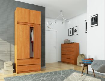 Šatníková skriňa POKI90 Oceníte dizajn aj praktickosť s našou šatovou skriňou POKI90. Perfektne sa hodí do každej spálne a prináša do vášho priestoru hrejivý nádych vďaka farbe jelša. Táto skriňa je vyrobená z vysoko kvalitného materiálu LTD, čo zaisťuje odolnosť a dlhovekosť produktu. Jej prirodzená farba jelša dodáva vašej miestnosti elegantný a zároveň útulný vzhľad.  Rozmer: 234 x 90 x 51 cm   2 zásuvky, 6 políc a ďalšie variabilné úložné priestory Počet dverí: 2 dverové Počet políc: 6  S šatníková skriňa POKI90 získate nielen úložný priestor, ale aj estetický prvok, ktorý oživí vzhľad vašej spálne.