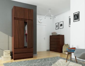 Šatníková skriňa POKI90 Predstavujeme vám šatníková skriňa POKI90 – dokonalý spojenec pre každú spálňu. Tmavý, elegantný odtieň wenge dodá vašej izbe hĺbku a výrazný charakter. Vyrobené z vysoko odolného materiálu LTD, táto šatníková skriňa je dizajnovým kúskom, ktorý slúži nielen ako štýlový doplnok, ale aj ako maximálne praktický úložný priestor. Jej neutrálny wenge odtieň je možné ľahko kombinovať s ďalšími kusmi nábytku a doplnkami.  Rozmer: 234 x 90 x 51 cm Vybavenie : Ponúka 2 priestranné zásuvky, 6 políc a ďalšie úložné možnosti pre všetky vaše oblečenie a doplnky Počet dverí: 2 dverové Počet políc: 6  Dajte svojej spálni nádych luxusu a elegancie s našou šatníkovou skriňou POKI90. Spojenie kvality, funkcionality a designu v jednom produkte.