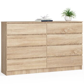 Komoda HILDA160: Elegancia duba Sonoma v modernom dizajne Stretnutie kvality a elegancie – to je HILDA160. Táto skrinka vyrobená z kvalitného materiálu LTD s povrchovou úpravou dubu Sonoma predstavuje kombináciu moderného štýlu a tradičného vzhľadu dreva. Ideálny doplnok pre spálne či obývacie izby, ktorý nielenže zaujme na prvý pohľad, ale tiež ponúkne obrovský úložný priestor. Jej výrazne široký a vysoký vzhľad skrýva praktické úložné priestory, ktoré ocení každý milovník poriadku. Komoda HILDA160 je synonymom pre luxus a funkčnosť v jednom balení.  Rozmery: 99 x 160 x 40 cm Skvele vybavená s  6 zásuvkami a ďalšími úložnými možnosťami  Premeňte svoj interiér na oázu pokoja a elegancie s komodou HILDA160. Mimoriadna kvalita za dostupnú cenu.