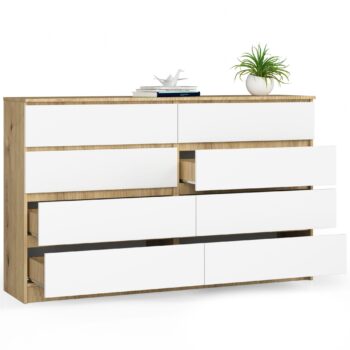 Komoda HILDA160: Elegantné spojenie duba artisan a svieže biele Odhaľte kúzlo HILDA160 – komody, ktorá prináša dokonalú kombináciu tradičného vzhľadu dubu artisan a nepoškvrnené biele. Vyrobená z vysoko kvalitného materiálu LTD, táto skrinka je nielen praktická, ale aj esteticky pôsobivá a vhodná do každej spálne či obývacej izby. > Jej široký a vysoký dizajn skrýva 6 zásuviek a ďalšie úložné priestory, ktoré zaistia, že všetko má svoje miesto bez toho, aby bolo nutné obetovať štýl či kvalitu.  < li>Rozmery: 99 x 160 x 40 cm Perfektná kombinácia dubu artisan a čisté biele pre moderný interiér  < p>Dajte svojim miestnostiam dotyk luxusu a funkčnosti s komodou HILDA160. Exkluzívny dizajn a nadčasový vzhľad v harmónii duba artisan a bielej.