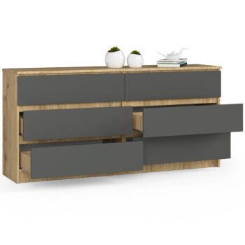 Komoda JULIANA160: Prekvapivá kombinácia Dubu Artisan a Grafitu Odhaľte sofistikovanosť a elegancia v jednom s komodou JULIANA160. Perfektne navrhnutá pre tých, ktorí chcú spojiť moderný štýl s klasickým vzhľadom v ich spálni alebo obývacej izbe. Táto komoda je remeselne vyrobená z kvalitného materiálu < strong>LTD. Prekvapivá kombinácia teplého dubu Artisan a hlbokého grafitu dodáva tomuto kúsku nábytku jedinečný a nadčasový charakter. Jej široká štruktúra zaisťuje, že ponúka viac ako dostatok úložného priestoru pre všetky vaše potreby.  Rozmery: 77 x 160 x 40 cm Vybavená 6 zásuvkami a ďalšími úložnými možnosťami  Pre tých, ktorí hľadajú skvelý kúsok nábytku, ktorý je tak funkčný, ako je krásny, je JULIANA160 jasnou voľbou.