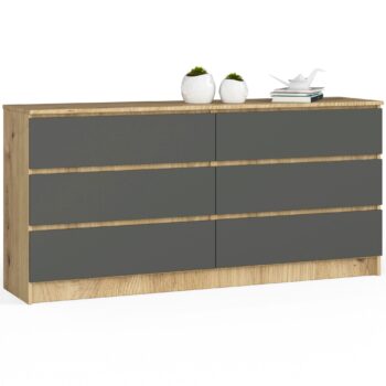 Komoda JULIANA160: Prekvapivá kombinácia Dubu Artisan a Grafitu Odhaľte sofistikovanosť a elegancia v jednom s komodou JULIANA160. Perfektne navrhnutá pre tých, ktorí chcú spojiť moderný štýl s klasickým vzhľadom v ich spálni alebo obývacej izbe. Táto komoda je remeselne vyrobená z kvalitného materiálu < strong>LTD. Prekvapivá kombinácia teplého dubu Artisan a hlbokého grafitu dodáva tomuto kúsku nábytku jedinečný a nadčasový charakter. Jej široká štruktúra zaisťuje, že ponúka viac ako dostatok úložného priestoru pre všetky vaše potreby.  Rozmery: 77 x 160 x 40 cm Vybavená 6 zásuvkami a ďalšími úložnými možnosťami  Pre tých, ktorí hľadajú skvelý kúsok nábytku, ktorý je tak funkčný, ako je krásny, je JULIANA160 jasnou voľbou.