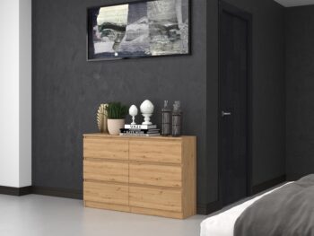 Komoda WALMA M6 120 v modernom dizajne je vhodná do každého interiéru, pretože v sebe spája jednoduchosť a eleganciu. Určite oceníte aj šesť praktických zásuviek, kde si môžete uložiť dokumenty, oblečenie alebo iné potrebné veci. Komoda je vyrobená z kvalitnej LTD dosky, ktorá je nenáročná na údržbu a odolná voči poškriabaniu. Hrany sú chránené ABS páskou. Komoda má bezúchytový systém otvárania, takže Vám v priestore nebudú zavadziať žiadne úchyty a zároveň to posilní jej moderný dizajn.Rozmery (ŠxVxH) : 120 x 77 x 30 cmFarebné prevedenie : dub artisanDodávame v demonte. 