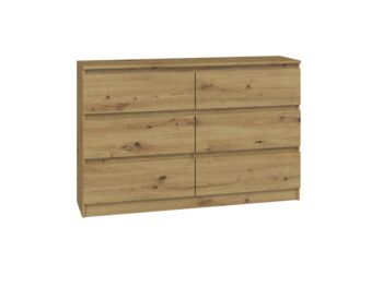 Komoda WALMA M6 120 v modernom dizajne je vhodná do každého interiéru, pretože v sebe spája jednoduchosť a eleganciu. Určite oceníte aj šesť praktických zásuviek, kde si môžete uložiť dokumenty, oblečenie alebo iné potrebné veci. Komoda je vyrobená z kvalitnej LTD dosky, ktorá je nenáročná na údržbu a odolná voči poškriabaniu. Hrany sú chránené ABS páskou. Komoda má bezúchytový systém otvárania, takže Vám v priestore nebudú zavadziať žiadne úchyty a zároveň to posilní jej moderný dizajn.Rozmery (ŠxVxH) : 120 x 77 x 30 cmFarebné prevedenie : dub artisanDodávame v demonte. 