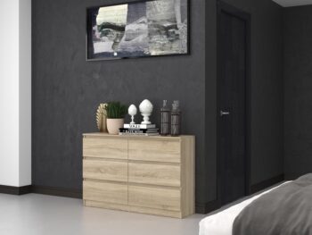 Komoda WALMA M6 120 v modernom dizajne je vhodná do každého interiéru, pretože v sebe spája jednoduchosť a eleganciu. Určite oceníte aj šesť praktických zásuviek, kde si môžete uložiť dokumenty, oblečenie alebo iné potrebné veci. Komoda je vyrobená z kvalitnej LTD dosky, ktorá je nenáročná na údržbu a odolná voči poškriabaniu. Hrany sú chránené ABS páskou. Komoda má bezúchytový systém otvárania, takže Vám v priestore nebudú zavadziať žiadne úchyty a zároveň to posilní jej moderný dizajn.Rozmery (ŠxVxH) : 120 x 77 x 30 cmFarebné prevedenie : dub sonoma Dodávame v demonte. 