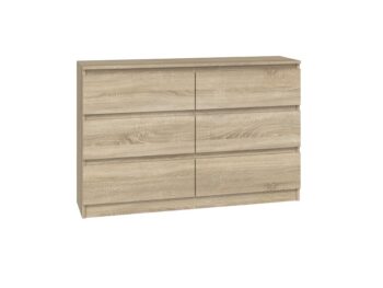 Komoda WALMA M6 120 v modernom dizajne je vhodná do každého interiéru, pretože v sebe spája jednoduchosť a eleganciu. Určite oceníte aj šesť praktických zásuviek, kde si môžete uložiť dokumenty, oblečenie alebo iné potrebné veci. Komoda je vyrobená z kvalitnej LTD dosky, ktorá je nenáročná na údržbu a odolná voči poškriabaniu. Hrany sú chránené ABS páskou. Komoda má bezúchytový systém otvárania, takže Vám v priestore nebudú zavadziať žiadne úchyty a zároveň to posilní jej moderný dizajn.Rozmery (ŠxVxH) : 120 x 77 x 30 cmFarebné prevedenie : dub sonoma Dodávame v demonte. 