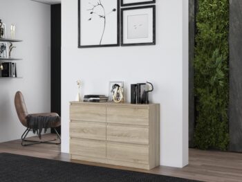 Komoda WALMA M6 120 v modernom dizajne je vhodná do každého interiéru, pretože v sebe spája jednoduchosť a eleganciu. Určite oceníte aj šesť praktických zásuviek, kde si môžete uložiť dokumenty, oblečenie alebo iné potrebné veci. Komoda je vyrobená z kvalitnej LTD dosky, ktorá je nenáročná na údržbu a odolná voči poškriabaniu. Hrany sú chránené ABS páskou. Komoda má bezúchytový systém otvárania, takže Vám v priestore nebudú zavadziať žiadne úchyty a zároveň to posilní jej moderný dizajn.Rozmery (ŠxVxH) : 120 x 77 x 30 cmFarebné prevedenie : dub sonoma Dodávame v demonte. 