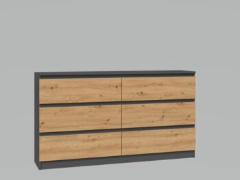 Komoda WALMA M6 140 v modernom dizajne je vhodná do každého interiéru, pretože v sebe spája jednoduchosť a eleganciu. Určite oceníte aj šesť praktických zásuviek, kde si môžete uložiť dokumenty, oblečenie alebo iné potrebné veci. Komoda je vyrobená z kvalitnej LTD dosky, ktorá je nenáročná na údržbu a odolná voči poškriabaniu. Hrany sú chránené ABS páskou. Komoda má bezúchytový systém otvárania, takže Vám v priestore nebudú zavadziať žiadne úchyty a zároveň to posilní jej moderný dizajn.Rozmery (ŠxVxH) : 138 x 77 x 40 cmFarebné prevedenie : antracit/ dub artisanDodávame v demonte.