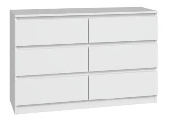 Komoda WALMA M6 140 v modernom dizajne je vhodná do každého interiéru, pretože v sebe spája jednoduchosť a eleganciu. Určite oceníte aj šesť praktických zásuviek, kde si môžete uložiť dokumenty, oblečenie alebo iné potrebné veci. Komoda je vyrobená z kvalitnej LTD dosky, ktorá je nenáročná na údržbu a odolná voči poškriabaniu. Hrany sú chránené ABS páskou. Komoda má bezúchytový systém otvárania, takže Vám v priestore nebudú zavadziať žiadne úchyty a zároveň to posilní jej moderný dizajn.Rozmery (ŠxVxH) : 138 x 77 x 40 cmFarebné prevedenie : bielaDodávame v demonte.