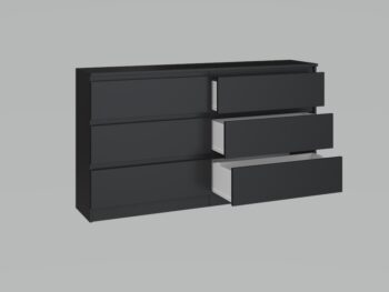 Komoda WALMA M6 140 v modernom dizajne je vhodná do každého interiéru, pretože v sebe spája jednoduchosť a eleganciu. Určite oceníte aj šesť praktických zásuviek, kde si môžete uložiť dokumenty, oblečenie alebo iné potrebné veci. Komoda je vyrobená z kvalitnej LTD dosky, ktorá je nenáročná na údržbu a odolná voči poškriabaniu. Hrany sú chránené ABS páskou. Komoda má bezúchytový systém otvárania, takže Vám v priestore nebudú zavadziať žiadne úchyty a zároveň to posilní jej moderný dizajn.Rozmery (ŠxVxH) : 138 x 77 x 40 cmFarebné prevedenie : čiernaDodávame v demonte.