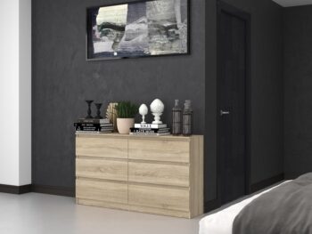 Komoda WALMA M6 140 v modernom dizajne je vhodná do každého interiéru, pretože v sebe spája jednoduchosť a eleganciu. Určite oceníte aj šesť praktických zásuviek, kde si môžete uložiť dokumenty, oblečenie alebo iné potrebné veci. Komoda je vyrobená z kvalitnej LTD dosky, ktorá je nenáročná na údržbu a odolná voči poškriabaniu. Hrany sú chránené ABS páskou. Komoda má bezúchytový systém otvárania, takže Vám v priestore nebudú zavadziať žiadne úchyty a zároveň to posilní jej moderný dizajn.Rozmery (ŠxVxH) : 138 x 77 x 40 cmFarebné prevedenie : dub sonomaDodávame v demonte.