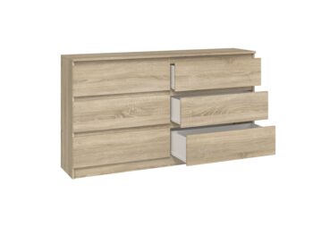 Komoda WALMA M6 140 v modernom dizajne je vhodná do každého interiéru, pretože v sebe spája jednoduchosť a eleganciu. Určite oceníte aj šesť praktických zásuviek, kde si môžete uložiť dokumenty, oblečenie alebo iné potrebné veci. Komoda je vyrobená z kvalitnej LTD dosky, ktorá je nenáročná na údržbu a odolná voči poškriabaniu. Hrany sú chránené ABS páskou. Komoda má bezúchytový systém otvárania, takže Vám v priestore nebudú zavadziať žiadne úchyty a zároveň to posilní jej moderný dizajn.Rozmery (ŠxVxH) : 138 x 77 x 40 cmFarebné prevedenie : dub sonomaDodávame v demonte.