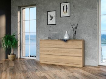 Komoda WALMA M6 140 v modernom dizajne je vhodná do každého interiéru, pretože v sebe spája jednoduchosť a eleganciu. Určite oceníte aj šesť praktických zásuviek, kde si môžete uložiť dokumenty, oblečenie alebo iné potrebné veci. Komoda je vyrobená z kvalitnej LTD dosky, ktorá je nenáročná na údržbu a odolná voči poškriabaniu. Hrany sú chránené ABS páskou. Komoda má bezúchytový systém otvárania, takže Vám v priestore nebudú zavadziať žiadne úchyty a zároveň to posilní jej moderný dizajn.Rozmery (ŠxVxH) : 138 x 77 x 40 cmFarebné prevedenie : dub sonomaDodávame v demonte.