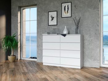 Komoda WALMA M8 120 v modernom dizajne je vhodná do každého interiéru, pretože v sebe spája jednoduchosť a eleganciu. Určite oceníte aj osem praktických zásuviek, kde si môžete uložiť dokumenty, oblečenie alebo iné potrebné veci. Komoda je vyrobená z kvalitnej LTD dosky, ktorá je nenáročná na údržbu a odolná voči poškriabaniu. Hrany sú chránené ABS páskou. Komoda má bezúchytový systém otvárania, takže Vám v priestore nebudú zavadziať žiadne úchyty a zároveň to posilní jej moderný dizajn.Rozmery (ŠxVxH) : 120 x 97 x 40 cmFarebné prevedenie : bielaDodávame v demonte. 