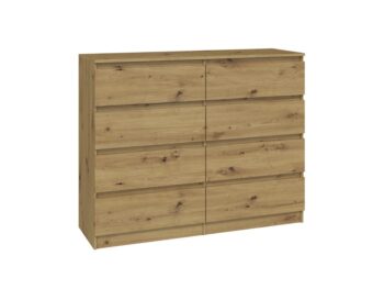 Komoda WALMA M8 120 v modernom dizajne je vhodná do každého interiéru, pretože v sebe spája jednoduchosť a eleganciu. Určite oceníte aj osem praktických zásuviek, kde si môžete uložiť dokumenty, oblečenie alebo iné potrebné veci. Komoda je vyrobená z kvalitnej LTD dosky, ktorá je nenáročná na údržbu a odolná voči poškriabaniu. Hrany sú chránené ABS páskou. Komoda má bezúchytový systém otvárania, takže Vám v priestore nebudú zavadziať žiadne úchyty a zároveň to posilní jej moderný dizajn.Rozmery (ŠxVxH) : 120 x 97 x 40 cmFarebné prevedenie : dub artisanDodávame v demonte. 