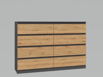 Komoda WALMA M8 140 v modernom dizajne je vhodná do každého interiéru, pretože v sebe spája jednoduchosť a eleganciu. Určite oceníte aj osem praktických zásuviek, kde si môžete uložiť dokumenty, oblečenie alebo iné potrebné veci. Komoda je vyrobená z kvalitnej LTD dosky, ktorá je nenáročná na údržbu a odolná voči poškriabaniu. Hrany sú chránené ABS páskou. Komoda má bezúchytový systém otvárania, takže Vám v priestore nebudú zavadziať žiadne úchyty a zároveň to posilní jej moderný dizajn.Rozmery (ŠxVxH) : 138 x 97 x 40 cm.Farebné prevedenie : antracit/ dub artisanDodávame v demonte.