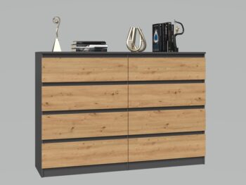 Komoda WALMA M8 140 v modernom dizajne je vhodná do každého interiéru, pretože v sebe spája jednoduchosť a eleganciu. Určite oceníte aj osem praktických zásuviek, kde si môžete uložiť dokumenty, oblečenie alebo iné potrebné veci. Komoda je vyrobená z kvalitnej LTD dosky, ktorá je nenáročná na údržbu a odolná voči poškriabaniu. Hrany sú chránené ABS páskou. Komoda má bezúchytový systém otvárania, takže Vám v priestore nebudú zavadziať žiadne úchyty a zároveň to posilní jej moderný dizajn.Rozmery (ŠxVxH) : 138 x 97 x 40 cm.Farebné prevedenie : antracit/ dub artisanDodávame v demonte.