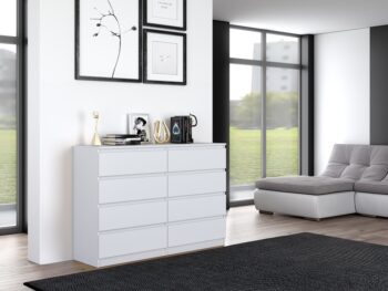 Komoda WALMA M8 140 v modernom dizajne je vhodná do každého interiéru, pretože v sebe spája jednoduchosť a eleganciu. Určite oceníte aj osem praktických zásuviek, kde si môžete uložiť dokumenty, oblečenie alebo iné potrebné veci. Komoda je vyrobená z kvalitnej LTD dosky, ktorá je nenáročná na údržbu a odolná voči poškriabaniu. Hrany sú chránené ABS páskou. Komoda má bezúchytový systém otvárania, takže Vám v priestore nebudú zavadziať žiadne úchyty a zároveň to posilní jej moderný dizajn.Rozmery (ŠxVxH) : 138 x 97 x 40 cm.Farebné prevedenie : bielaDodávame v demonte.
