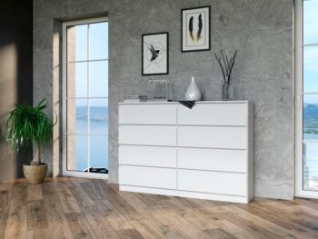 Komoda WALMA M8 140 v modernom dizajne je vhodná do každého interiéru, pretože v sebe spája jednoduchosť a eleganciu. Určite oceníte aj osem praktických zásuviek, kde si môžete uložiť dokumenty, oblečenie alebo iné potrebné veci. Komoda je vyrobená z kvalitnej LTD dosky, ktorá je nenáročná na údržbu a odolná voči poškriabaniu. Hrany sú chránené ABS páskou. Komoda má bezúchytový systém otvárania, takže Vám v priestore nebudú zavadziať žiadne úchyty a zároveň to posilní jej moderný dizajn.Rozmery (ŠxVxH) : 138 x 97 x 40 cm.Farebné prevedenie : bielaDodávame v demonte.