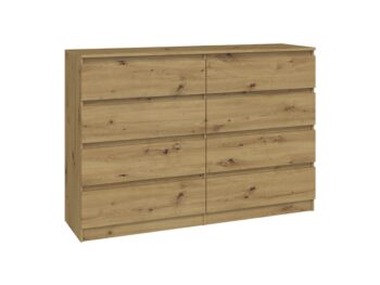 Komoda WALMA M8 140 v modernom dizajne je vhodná do každého interiéru, pretože v sebe spája jednoduchosť a eleganciu. Určite oceníte aj osem praktických zásuviek, kde si môžete uložiť dokumenty, oblečenie alebo iné potrebné veci. Komoda je vyrobená z kvalitnej LTD dosky, ktorá je nenáročná na údržbu a odolná voči poškriabaniu. Hrany sú chránené ABS páskou. Komoda má bezúchytový systém otvárania, takže Vám v priestore nebudú zavadziať žiadne úchyty a zároveň to posilní jej moderný dizajn.Rozmery (ŠxVxH) : 138 x 97 x 40 cm.Farebné prevedenie : dub artisanDodávame v demonte.