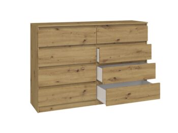 Komoda WALMA M8 140 v modernom dizajne je vhodná do každého interiéru, pretože v sebe spája jednoduchosť a eleganciu. Určite oceníte aj osem praktických zásuviek, kde si môžete uložiť dokumenty, oblečenie alebo iné potrebné veci. Komoda je vyrobená z kvalitnej LTD dosky, ktorá je nenáročná na údržbu a odolná voči poškriabaniu. Hrany sú chránené ABS páskou. Komoda má bezúchytový systém otvárania, takže Vám v priestore nebudú zavadziať žiadne úchyty a zároveň to posilní jej moderný dizajn.Rozmery (ŠxVxH) : 138 x 97 x 40 cm.Farebné prevedenie : dub artisanDodávame v demonte.