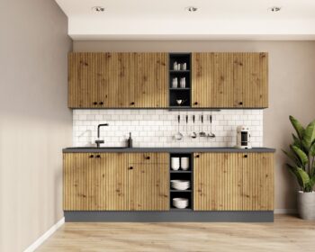 Moderná kuchynská zostava EVA zaujme najmä štýlovým melamínovým povrchom. Dvierka sú vyrobené z kvalitného a odolného MDF materiálu, skrinky disponujú funkciou tichého dovierania.Nožičky sú nastaviteľné, kovové gombíkové úchyty čiernej farby vytvárajú príjemný kontrast s dvierkami vo farbe dub artisan. Korpus z laminovanej dosky je vo farbe antracit.Skrinka na vstavanú rúru EVA 60D GAZ BB má rozmery (ŠxVxH): 60 x 87 x 52 cm.Súčasťou skrinky nie je pracovná doska.Vďaka bohatému výberu skriniek z kolekcie EVA si zariadite krásnu a funkčnú kuchyňu podľa vlastných predstáv a potrieb.Dodávame v demonte. 