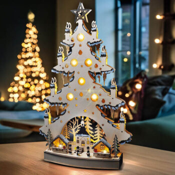 Solight LED drevený vianočný stromček s dekoráciami, 23x LED, 64 cm, 2x AA