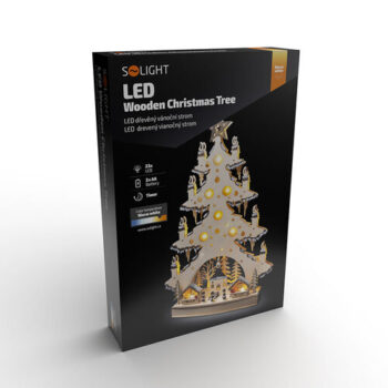 Solight LED drevený vianočný stromček s dekoráciami, 23x LED, 64 cm, 2x AA