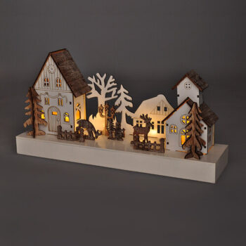Solight LED vianočná dedinka, 34 x 17 cm, drevo, 4 LED, 2x AA