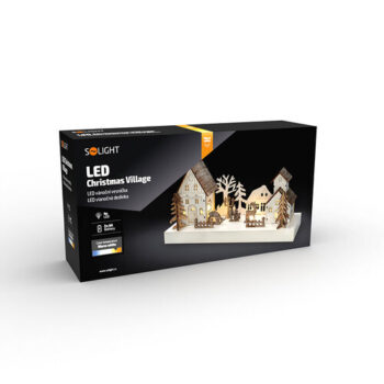 Solight LED vianočná dedinka, 34 x 17 cm, drevo, 4 LED, 2x AA