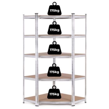 Stabilný rohový kovový úložný regál s 5 policami 180x90x40