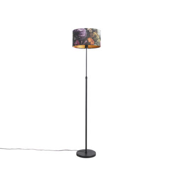 Stojaca lampa čierna s plyšovým tienidlom s kvetmi 35 cm - Parte