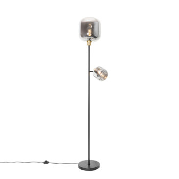 Stojaca lampa čierna so zlatom s dymovým sklom 2-svetlo - Zuzanna
