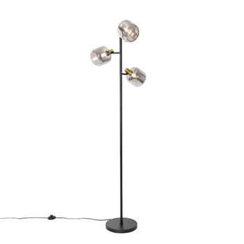 Stojaca lampa čierna so zlatom s dymovým sklom 3-svetlo - Zuzanna