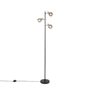 Stojaca lampa v štýle Art Deco čierna a zlatá s dymovým sklom 3-svetlo - Vidro