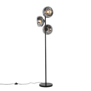 Stojaca lampa v štýle Art Deco čierna s dymovým sklom 3-svetlo - Ayesha