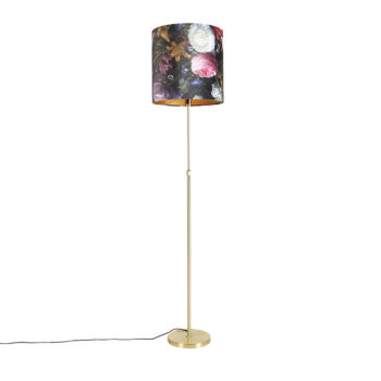 Stojaca lampa zlatá/mosadzná s tienidlom z velúru s kvetmi 40/40 cm - Parte
