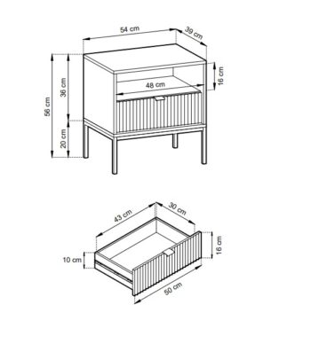 Dizajnový sektor NEW dodá Vašej obývacej miestnosti štýl. Pri sektore NEW sú použité najnovšie trendy v dizajne nábytku a kvalitný materiál. Korpus je vyrobený z 16mm LTD odolnej voči poškriabaniu, na dvierkach je použitá 18mm MDF riflovaná doska a úchyty sú hliníkové v zlatom farebnom prevedení. Všetky hrany sektoru NEW sú chránené ABS páskou.Stolík S54 má odkladaciu policu a pod ňou sa nachádza jedna zásuvka.Materiál: 16mm LTD, ABS hrany, hliníkové zlaté úchyty, 18mm MDF riflovaná doska na dvierkachRozmer (ŠxVxH) : 54 x 56 x 39 cmVýška nožičiek: 20 cm Farebné prevedenie : čiernyDodávame v demonte.