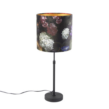 Stolná lampa čierna s tienidlom z velúru s kvetmi so zlatom 25 cm - Parte
