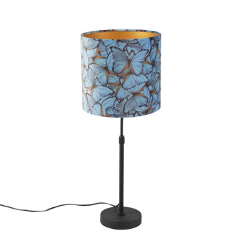 Stolná lampa čierna s tienidlom z zamatu s motívom motýľov so zlatom 25 cm - Parte