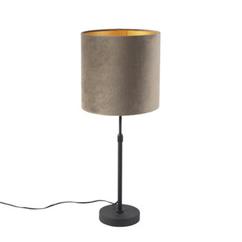 Stolná lampa čierna so sivohnedým zamatovým tienidlom so zlatom 25 cm - Parte