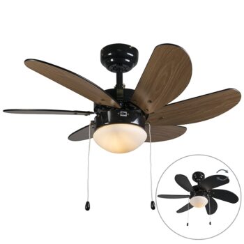 Stropný ventilátor čierny s drevenou potlačou 80 cm so šnúrkou - Fresh