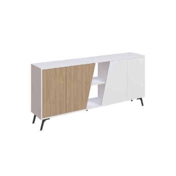 Komoda LIVIA 180 v elegantnej bielej a dubovej kombináciiAk hľadáte moderný a praktický nábytok, komoda LIVIA 180 v kombinácii bielej a dubovej farby je ideálnou voľbou pre váš obývací izba alebo predsieň.Typ tovaru: Konzolový stolíkMateriál: Melamín, VT laminát, pod. a kovRozmer: 82 x 180 x 35.6 cmFarba: Biela + dubVybavenie: 2 plné dvierka (skrinka)Tvar: Obdĺžnikový, rovnýHrúbka materiálu:&lt;/strong &gt; 18mmDodatočné informácie: Lesklý kovKomoda LIVIA 180 vám ponúkne nielen výrazný dizajn, ale aj praktickosť vďaka dvierkam plnej skrinky. Lesklé kovové detaily pridávajú šmrnc a eleganciu tomuto nadčasovému kúsku nábytku.
