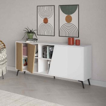 Komoda LIVIA 180 v elegantnej bielej a dubovej kombináciiAk hľadáte moderný a praktický nábytok, komoda LIVIA 180 v kombinácii bielej a dubovej farby je ideálnou voľbou pre váš obývací izba alebo predsieň.Typ tovaru: Konzolový stolíkMateriál: Melamín, VT laminát, pod. a kovRozmer: 82 x 180 x 35.6 cmFarba: Biela + dubVybavenie: 2 plné dvierka (skrinka)Tvar: Obdĺžnikový, rovnýHrúbka materiálu:&lt;/strong &gt; 18mmDodatočné informácie: Lesklý kovKomoda LIVIA 180 vám ponúkne nielen výrazný dizajn, ale aj praktickosť vďaka dvierkam plnej skrinky. Lesklé kovové detaily pridávajú šmrnc a eleganciu tomuto nadčasovému kúsku nábytku.