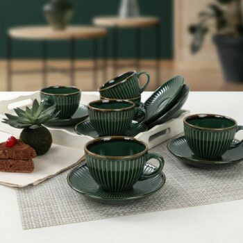 Súprava 6 keramických šálok s podšálkami Linea 210 ml, zelená
