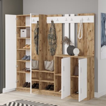 Zaujmite svojich hostí škandinávskym šarmom pomocou predsieňovej zostavy DADA 9Predstavujeme vám produkt, ktorý spojuje eleganciu a funkčnosť - predsieňovú zostavu DADA 9 s škandinávskym štýlom.Vstup do vášho domova získava úplne nový význam s predsieňovou zostavou DADA 9. S rozmermi 180 x 187 x 35 cm táto zostava poskytuje dostatok miesta na uskladnenie vašich vecí a udrží váš vstup dobre usporiadaný a vkusne upravený.Vyrobená z kvalitného LTD materiálu s hrúbkou 18 mm, táto zostava kombinuje svetlý odtieň biely s prírodným tónom borovice. Škandinávsky štýl prináša do vášho interiéru svetlosť a jednoduchosť, ktorá pôsobí príjemne a ukludňujúco.Vybavenie zostavy je premyslené a praktické. Vešiaky vám umožnia zavesiť kabáty a bundy, zrkadlo opticky rozšíri priestor a skriňa spolu s integrovaným šatníkom (v zostave) udržia veci dobre usporiadané a ľahko dostupné.Vlastnosti produktu:Vhodná do miestnosti: predsieňFarba: Biela + BorovicaVybavenie: Vešiaky, zrkadlo, skriňa, šatník (v zostave)Štýl: ŠkandinávskyVzhľad: Svetlý a príjemnýZvoľte si predsieňovú zostavu DADA 9 a zaujmite svojich hostí škandinávskym šarmom. Táto elegantná a praktická zostava prinesie do vášho vstupu pocit svetlosti a vkusu. Objednajte si ju ešte dnes a získaťe priestor, ktorý vám bude slúžiť s eleganciou.Dodávame v demonte.