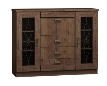 Kombinovaná komoda TADEAS je vhodná do tradičných aj moderných interiérov.Rozmery v/š/h 110 x 140 x 44 cm. Farba: dub Lefkas.Je vyrobené z kvalitných LTD dosiek o hrúbke 16 mm. Je dvojdverová. Sklená výplň je z číreho skla s dekoračným ornamentom. Disponuje tiež tromi zásuvkami a barom.Patrí do štýlového sektorového nábytku TADEAS, ktorý je v rustikálnom štýle. Vďaka viacerým prvkom si vytvoríte obývačku, jedáleň či spálňu podľa vašich predstáv.Dodávame v demontovanom stave.